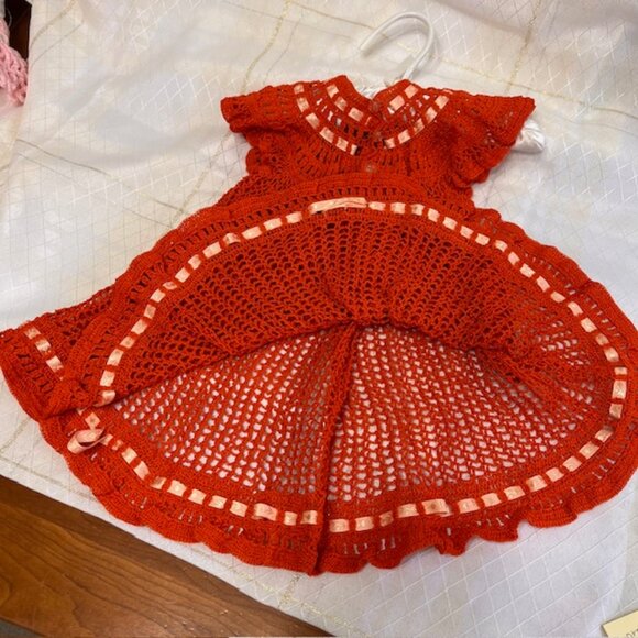 VTG Baby Girl Crochet Dress, Vintage Crochet Infant Dress Orange Baby Clothes - Picture 8 of 9